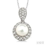 6.5 MM Cultured Pearl and 1/4 Ctw Single Cut Diamond Pendant in 14K White Gold with Chain