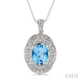 9x7  MM Oval Cut Blue Topaz and 1/50 ctw Single Cut Diamond Pendant in Sterling Silver with Chain