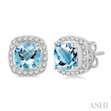 6x6  MM Cushion Shape Aquamarine and 1/4 Ctw Round Cut Diamond Earrings in 14K White Gold