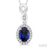 6x4 MM Oval Cut Sapphire and 1/10 Ctw Round Cut Diamond Pendant in 10K White Gold with Chain