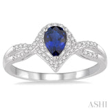 6x4 MM Sapphire and 1/6 Ctw Round Cut Diamond Ring in 14K White Gold