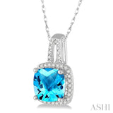 8x8 MM Cushion Shape Blue Topaz and 1/5 Ctw Round Cut Diamond Pendant in 10K White Gold with Chain