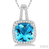 8x8 MM Cushion Shape Blue Topaz and 1/5 Ctw Round Cut Diamond Pendant in 10K White Gold with Chain