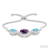 1/20 Ctw Oval 10x8 MM Amethyst & Pear Shape 7x5 MM Blue Topaz Round Diamond 3Stone Sterling Silver Lariat Bracelet