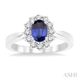 7X5mm Oval Shape Sapphire and 1/3 Ctw Round Cut Diamond Precious Ring in 14K White Gold