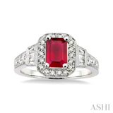 6x4 MM Emerald Shape Ruby and 1/4 Ctw Round and Baguette Cut Diamond Ring in 14K White Gold