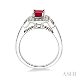 6x4 MM Emerald Shape Ruby and 1/4 Ctw Round and Baguette Cut Diamond Ring in 14K White Gold