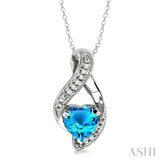 7x7 MM Heart Shape Blue Topaz and 1/20 Ctw Single Cut Diamond Pendant in Sterling Silver with Chain