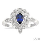 1/8 Ctw Lattice Reverse Taper Shank Round Cut Diamond & 6x4 MM Pear Cut Sapphire Precious Ring in 10K White Gold