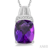 1/50 Ctw Looped Round Cut Diamond & 10x8 MM Cushion Shape Amethyst Semi Precious Pendant With Chain in Sterling Silver