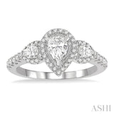 1 Ctw Past, Present & Future Round Cut Diamond Engagement Ring With 3/8 ct Pear Cut Center Stone in 14K White Gold