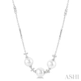 1/5 Ctw 8x8MM Triple Cultured Pearls and Round Cut Diamond Circular Mount Necklace in 14K White Gold