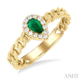 1/10 ctw Curb & Cuban Link 5x3 MM Pear Cut Emerald and Round Cut Diamond Halo Precious Ring in 10K Yellow Gold