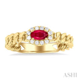 1/10 ctw Curb & Cuban Link East-West 5x3 MM Oval Cut Ruby and Round Cut Diamond Halo Precious Ring in 10K Yellow Gold