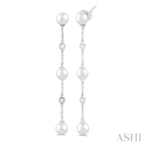 1/10 ctw Cultured Pearls 5 MM  and Round Cut Diamond Station Long Earring in 14K White Gold