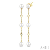 1/10 ctw Cultured Pearls 5 MM  and Round Cut Diamond Station Long Earring in 14K Yellow Gold