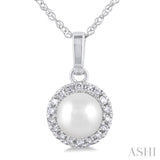 5MM Cultured White Pearl and 1/20 ctw Single Cut Diamond Halo Pendant With Chain in 14K White Gold