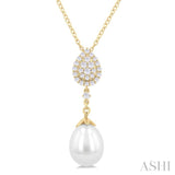 1/5 Ctw Pear Shape Mount 9X7 MM Cultured Pearl Drop and Round Cut Diamond Fashion Pendant With Chain in 14K Yellow Gold