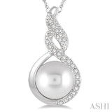 1/20 Ctw Round Cut Diamond Twisted 7 MM Cultured Pearl Accented Pendant in 10K White Gold with chain